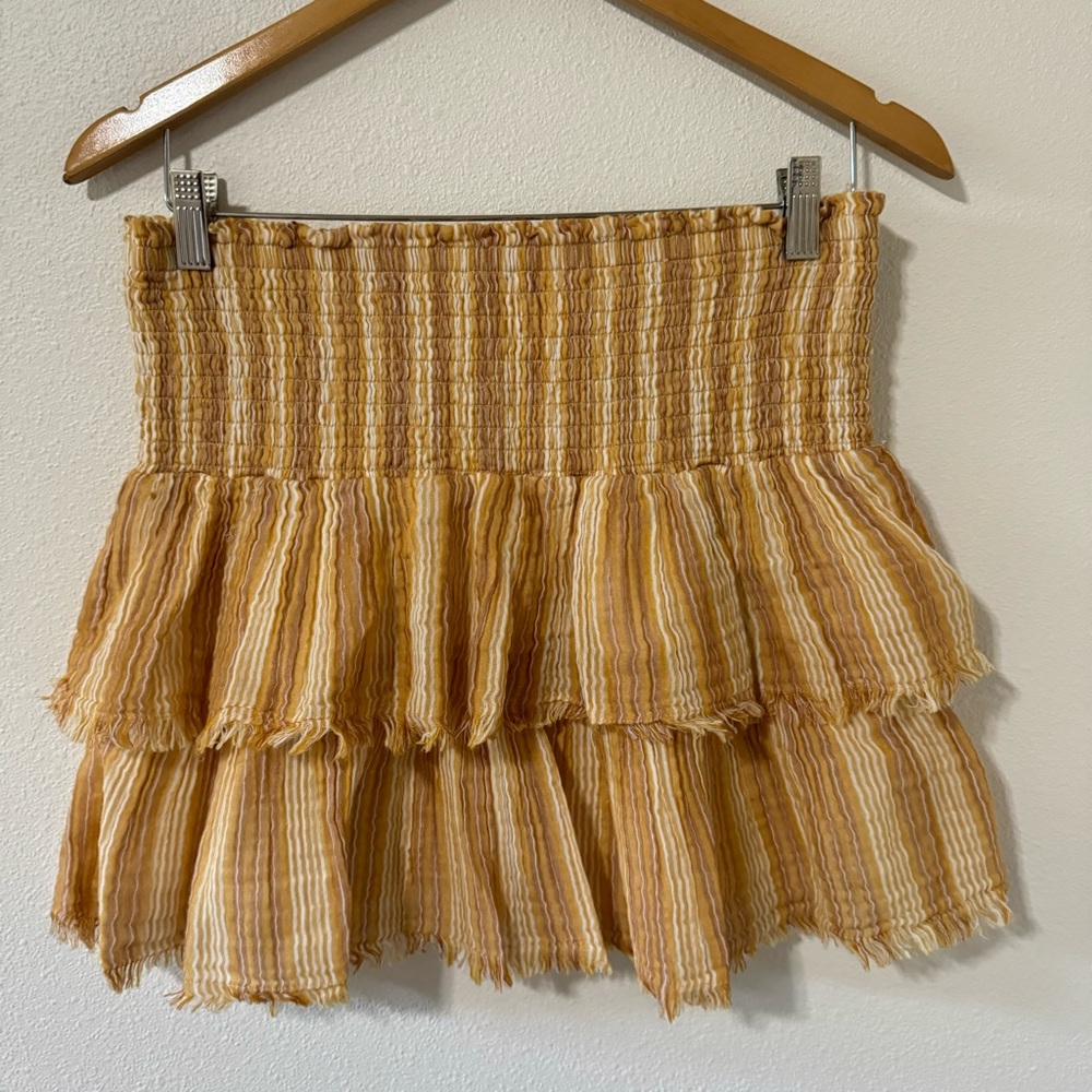 Aerie Tiered Gauzy Smocked Waist Mini Skirt Orange Stripe Beachy-Medium
